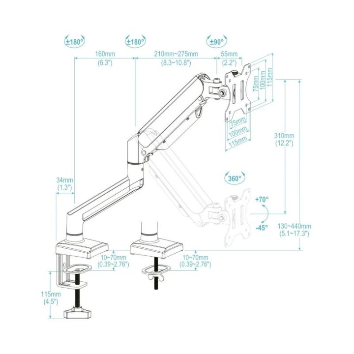 TooQ DB1334TNR-B suporte para monitor 34" Secretária Preto