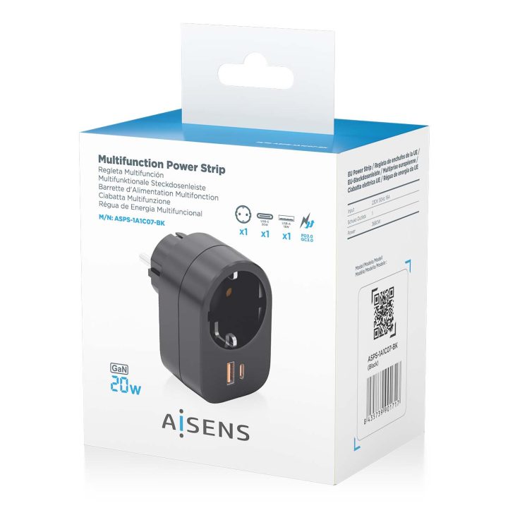 AISENS Multifunction Wall Power Strip with 1 Outlet + 1xUSB-C 20W…
