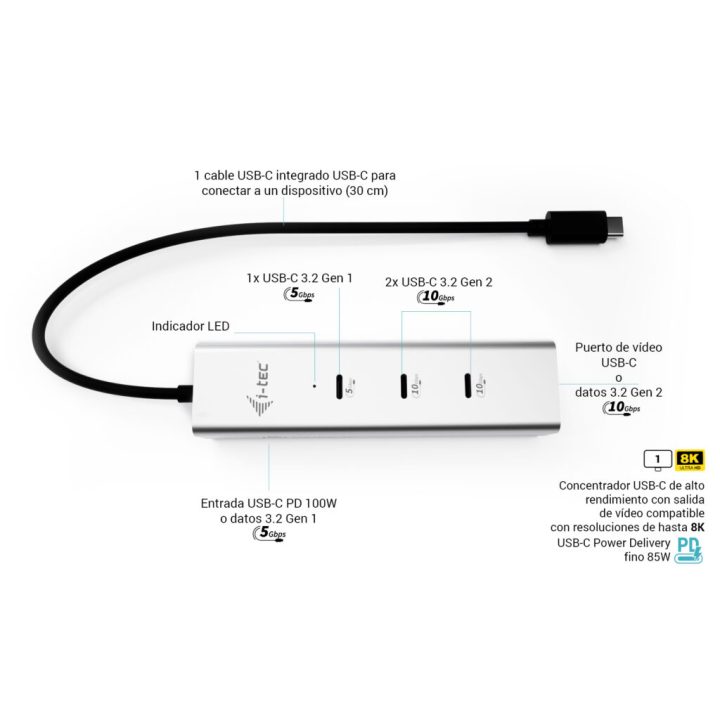 i-tec Metal USB-C Charging HUB 5port with USB-C video 8K + Power…