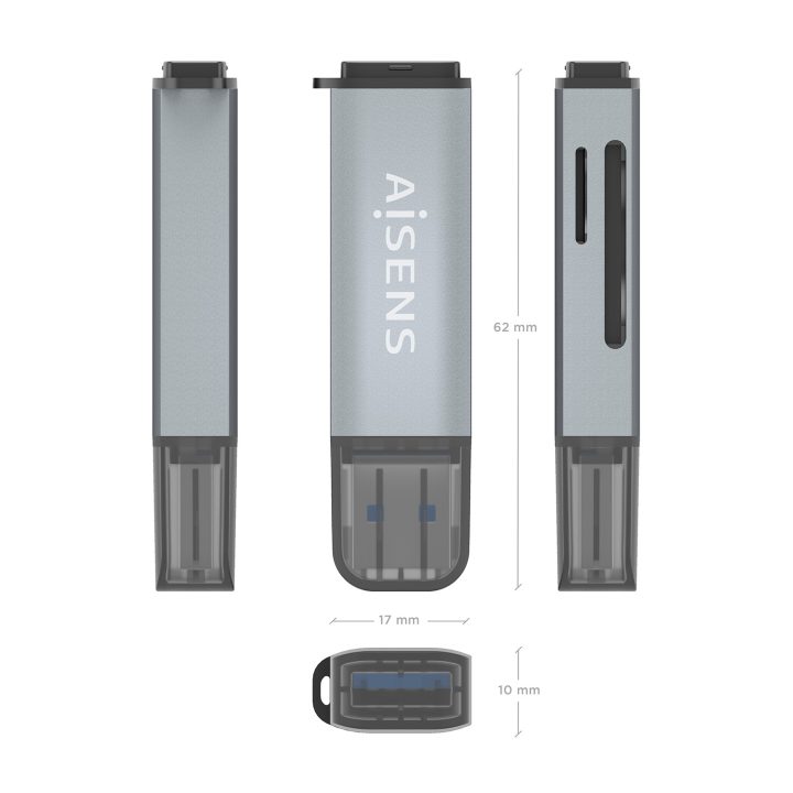 AISENS SD, Micro SD, MMC, RS-MMC, MMC Micro Card Reader, USB-A, Gray