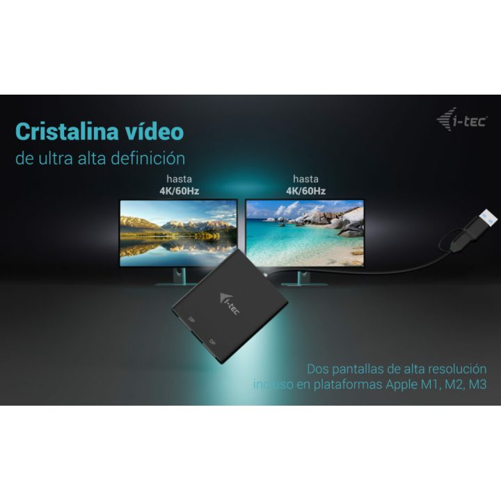 Adaptador de vídeo i-tec USB-A/USB-C Dual 4K/60 Hz DisplayPort