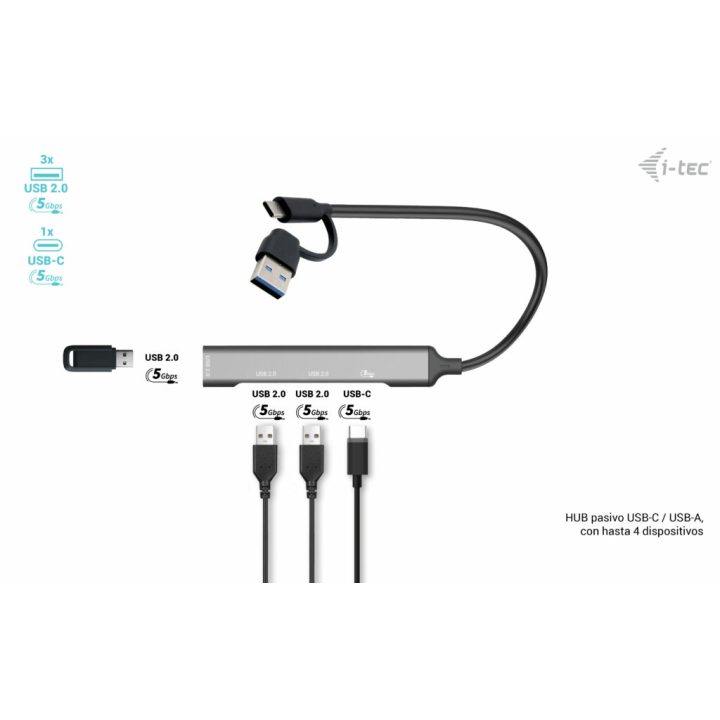 Hub metálico i-tec USB-C/USB-A 1x USB 3.0 + 3x USB 2.0