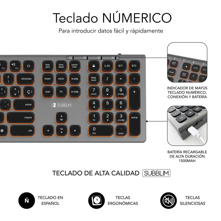 Teclado Subblim master iluminado ext inalambrico gris-negro…