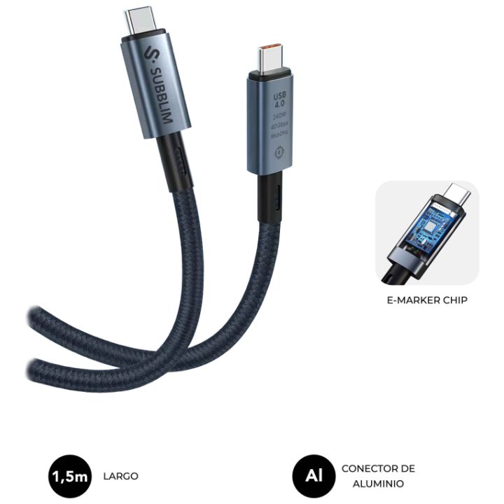 Subblim High 240W USB4.0 8K C-C Cable, 1.5m (SUBCAB-C24010)