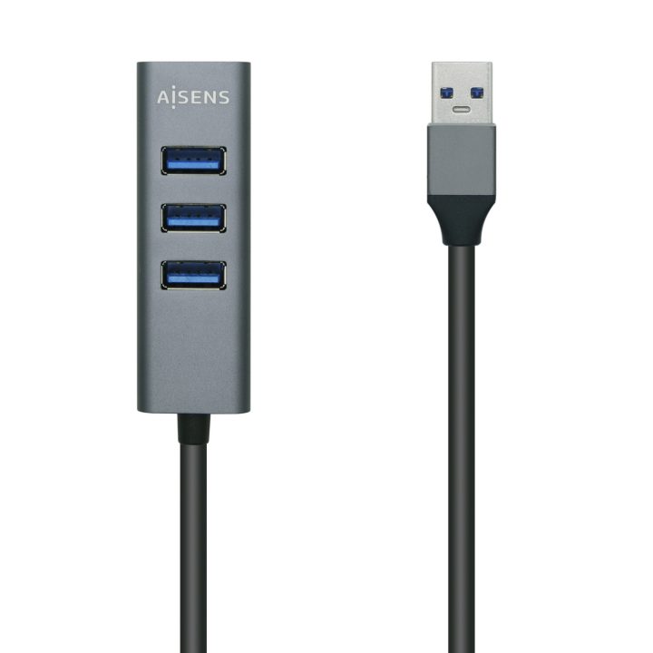 Hub USB3.0 AISENS em Alumínio, Tipo A/M - 4x Tipo A/H, Preto, 10 cm