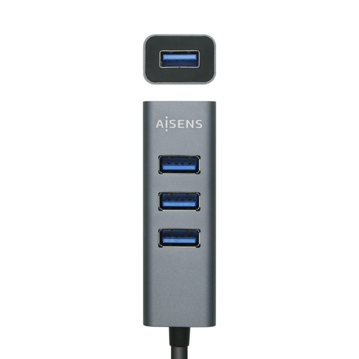 Hub USB3.0 AISENS em Alumínio, Tipo A/M - 4x Tipo A/H, Preto, 10 cm