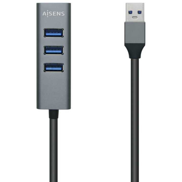 Hub USB3.0 AISENS em Alumínio, Tipo A/M - 4x Tipo A/H, Preto, 10 cm