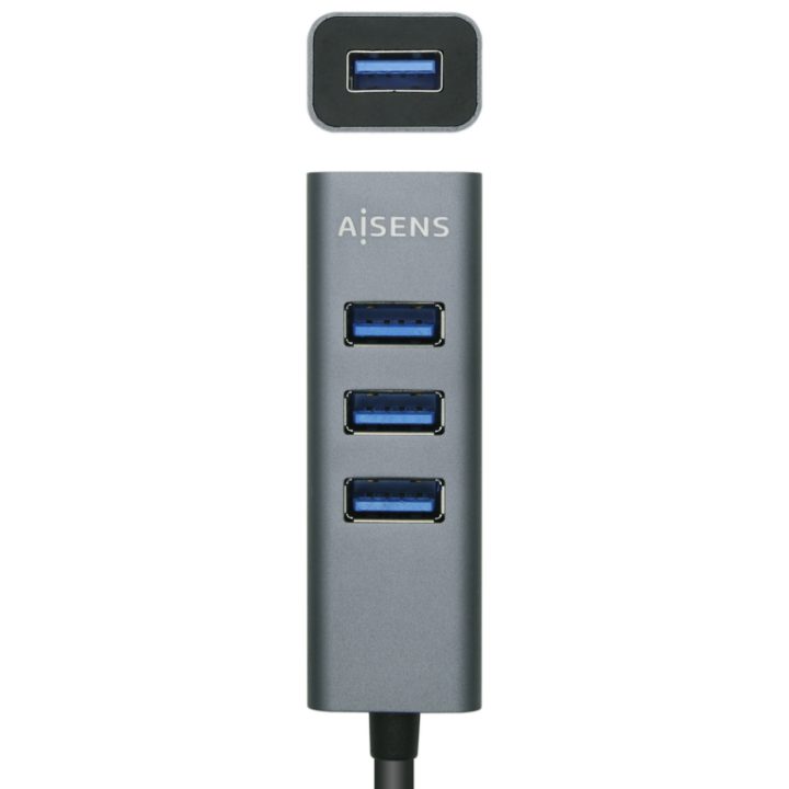 AISENS Hub USB3.0 Aluminio, Tipo A/M - 4x Tipo A/H, Negro, 10 cm