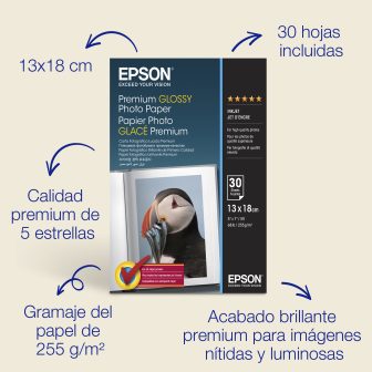 Epson Papel fotográfico brillante Premium de (130 × 180 mm), 255…