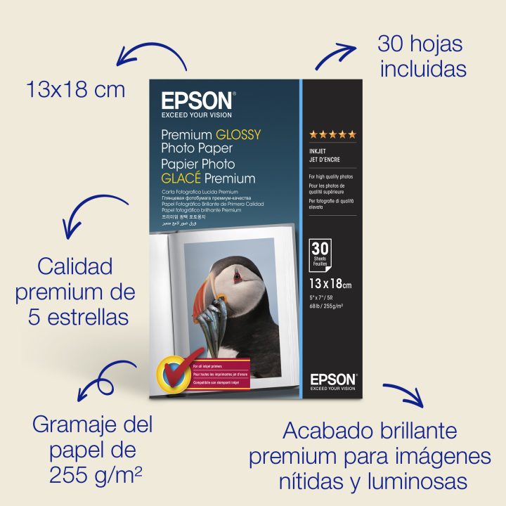 Epson Papel fotográfico brillante Premium de (130 × 180 mm), 255…