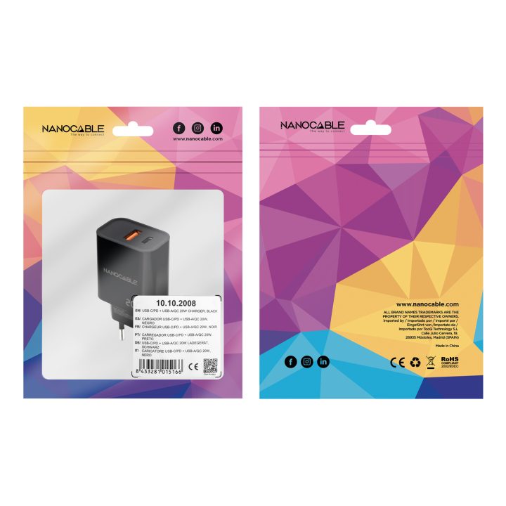 Nanocable Carregador USB-C/PD + USB-A/QC 20W, Branco