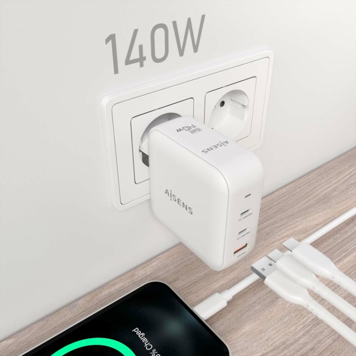 AISENS GaN Charger 140W, 2xUSB-C PD3.1 QC4.0, 1xUSB-A QC3.0, White