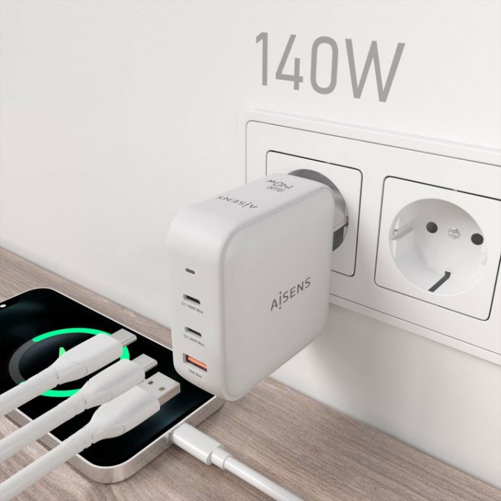 AISENS Carregador GaN 140W, 2xUSB-C PD3.1 QC4.0, 1xUSB-A QC3.0, Branco