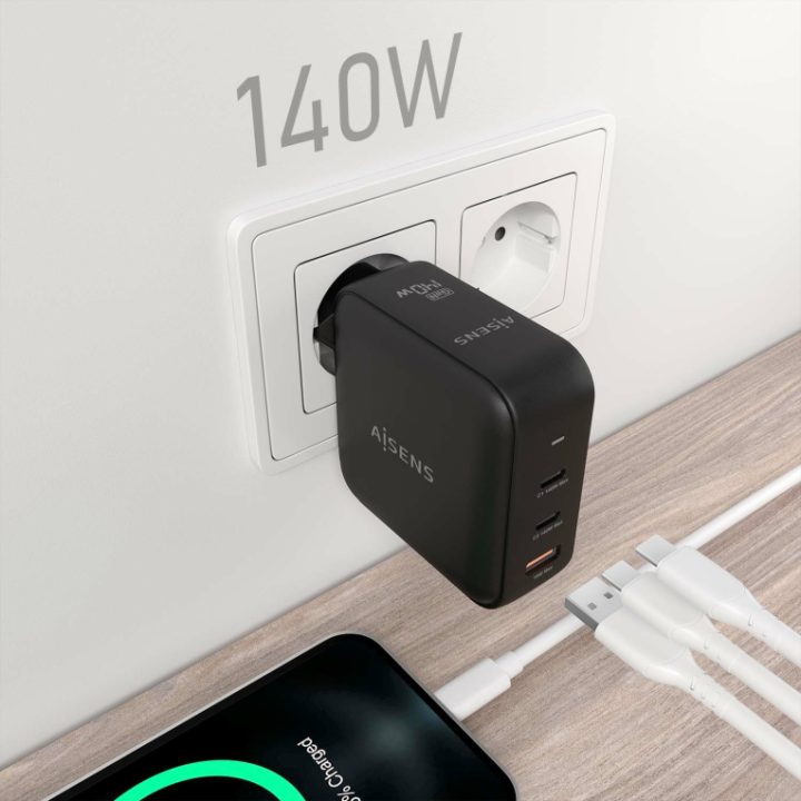 AISENS Cargador GaN 140W, 2xUSB-C PD3.1 QC4.0, 1xUSB-A QC3.0, Blanco