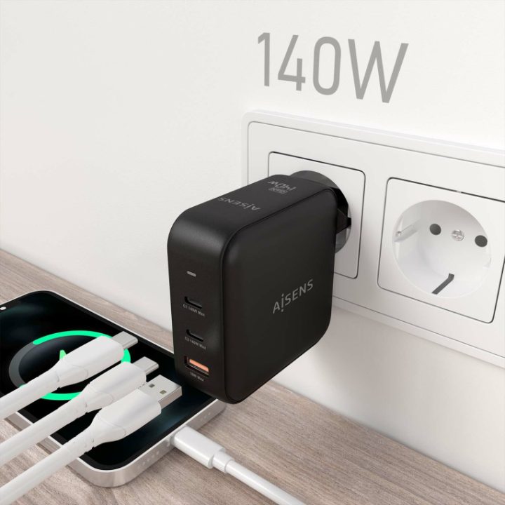 AISENS GaN Charger 140W, 2xUSB-C PD3.1 QC4.0, 1xUSB-A QC3.0, White