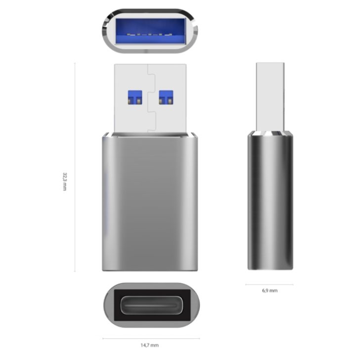 AISENS Mini USB 3.2 Gen2 / USB 2.0 3A Adapter, USB-C/H-A/M Type, Gray