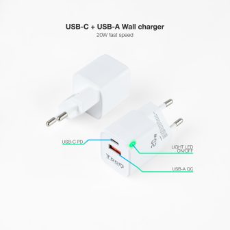 TooQ Cargador de Pared USB-C/PD + USB-A/QC 20W, Blanco