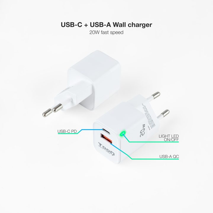 TooQ Carregador de Parede USB-C/PD + USB-A/QC 20W, Branco