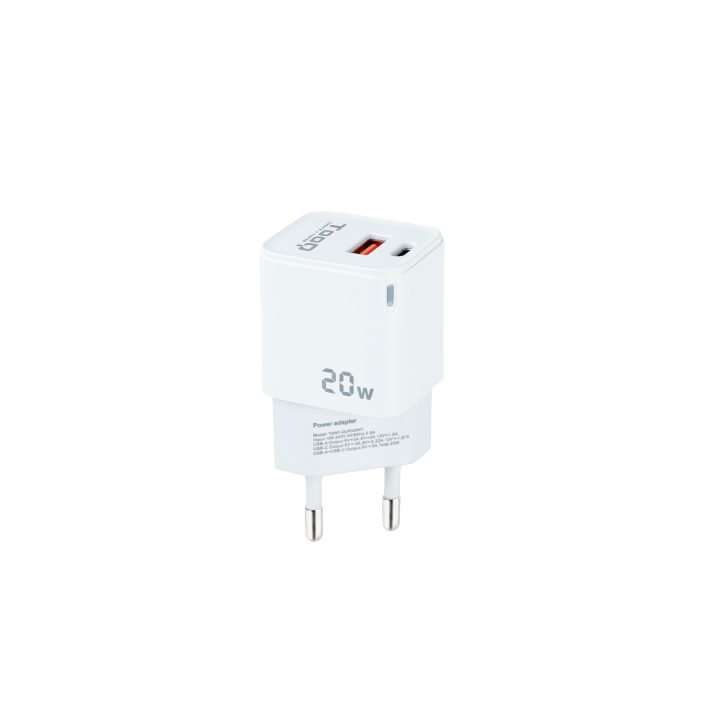 TooQ USB-C/PD + USB-A/QC 20W Wall Charger, White
