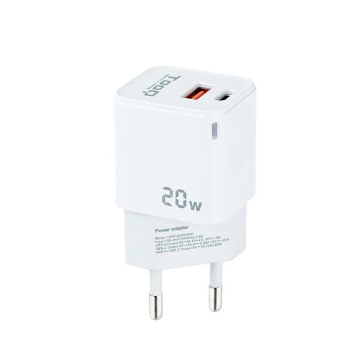 TooQ Carregador de Parede USB-C/PD + USB-A/QC 20W, Branco