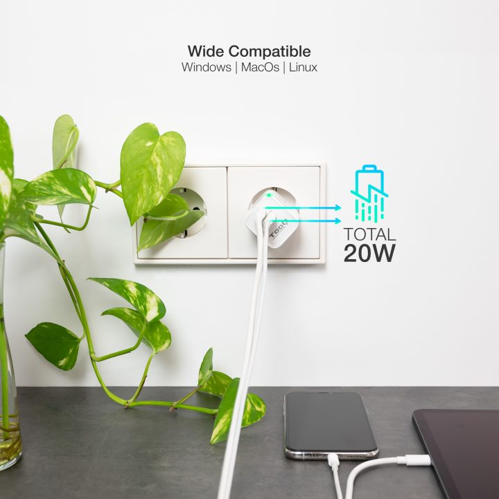 TooQ Carregador de Parede USB-C/PD + USB-A/QC 20W, Branco