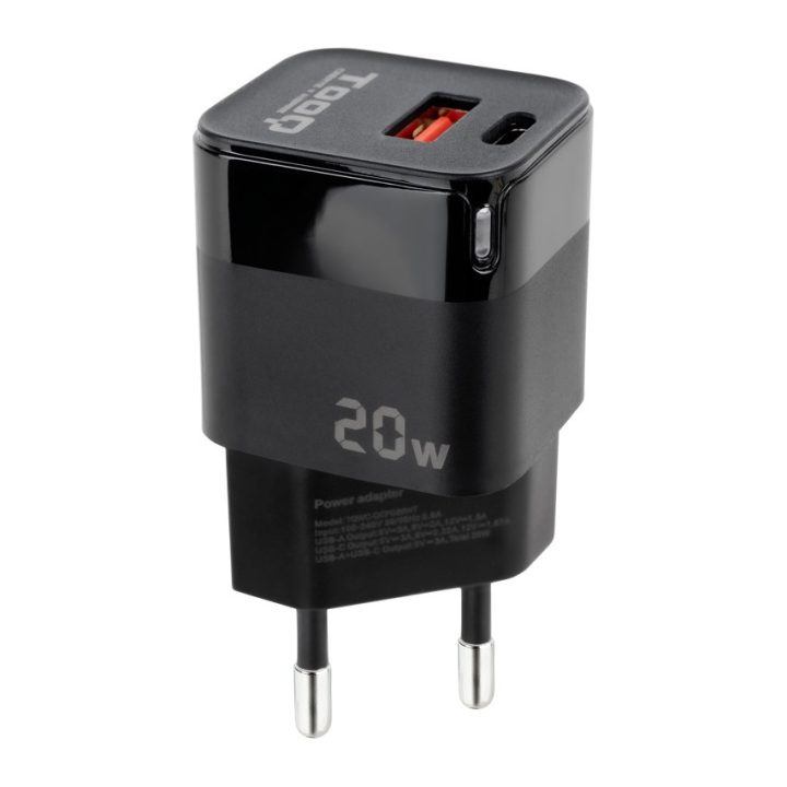 TooQ Cargador de Pared USB-C/PD + USB-A/QC 20W, Blanco