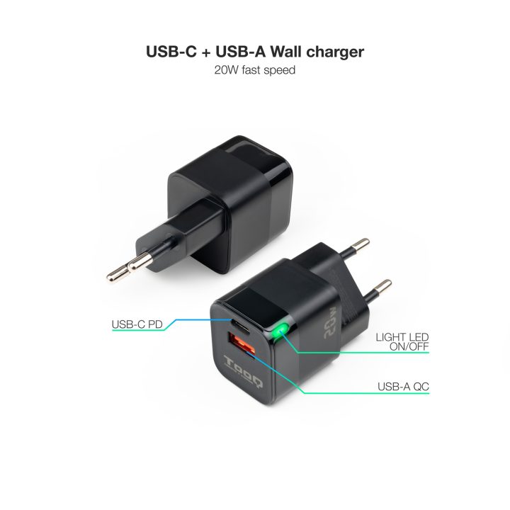 TooQ USB-C/PD + USB-A/QC 20W Wall Charger, White