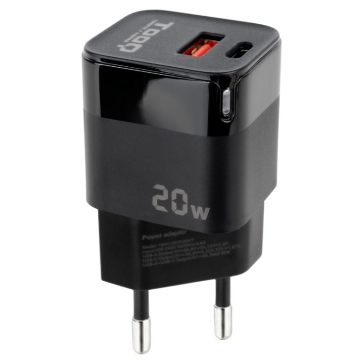 TooQ Cargador de Pared USB-C/PD + USB-A/QC 20W, Blanco