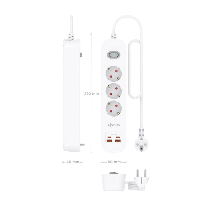 AISENS Regleta de Enchufes Multifuncion con 3 Tomas + Cargador PD3.0…