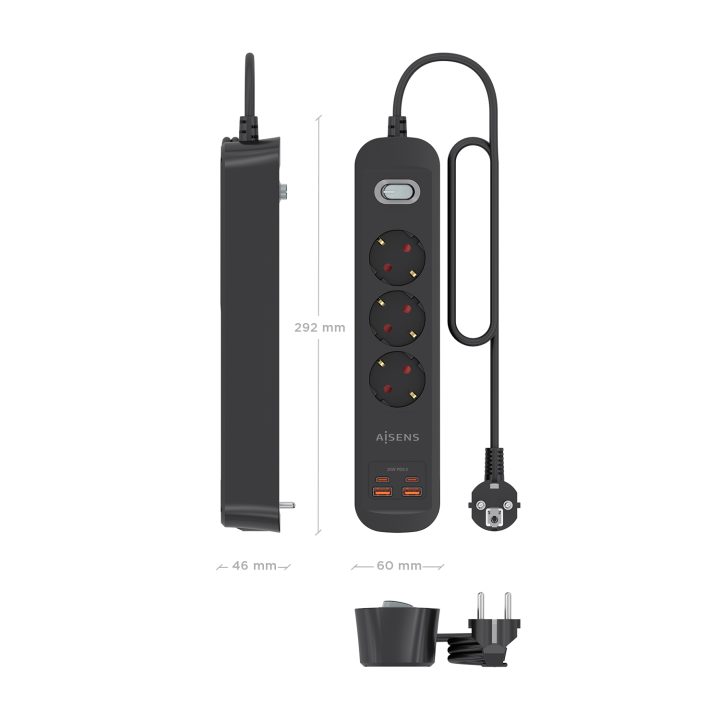 AISENS Multifunction Power Strip with 3 Outlets + PD3.0 20W Charger…