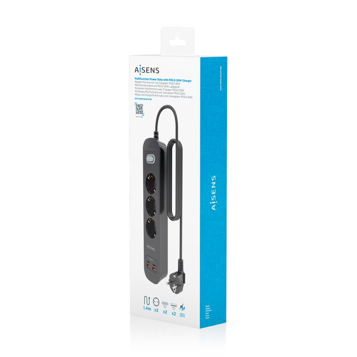 AISENS Regleta de Enchufes Multifuncion con 3 Tomas + Cargador PD3.0…