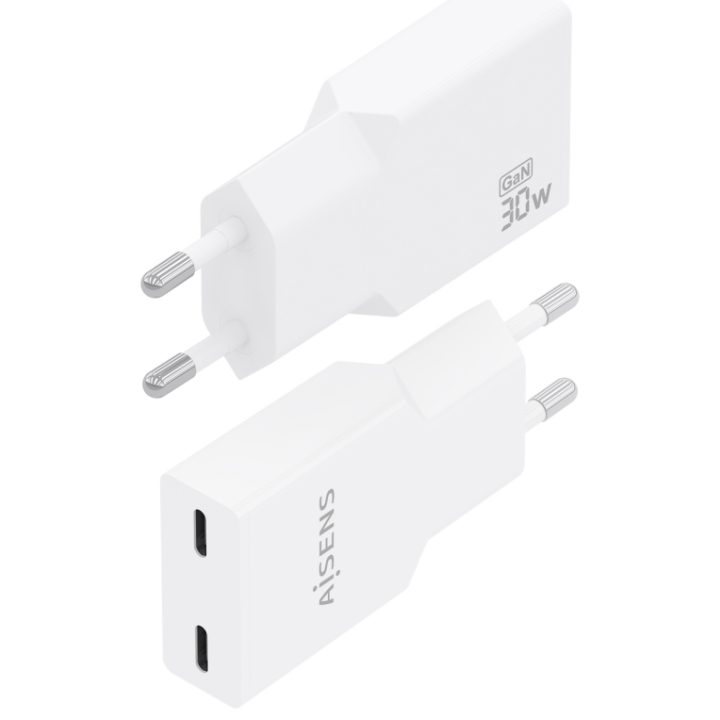 AISENS Ultra Slim GaN 30W Charger, 2xUSB-C PD3.0, White