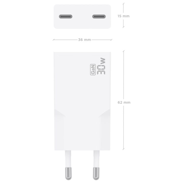 AISENS Ultra Slim GaN 30W Charger, 2xUSB-C PD3.0, White