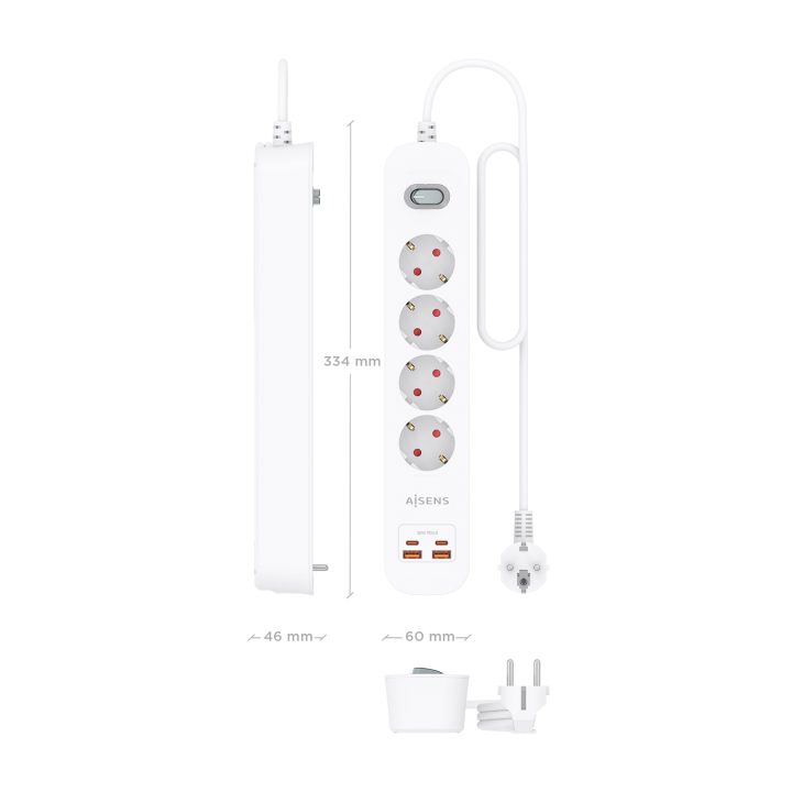 AISENS Multifunction Power Strip with 4 Outlets + PD3.0 20W Charger…