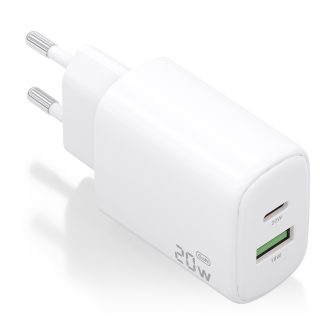 AISENS GaN 20W Charger, 1xUSB-C PD3.0, 1xUSB-A QC3.0, White