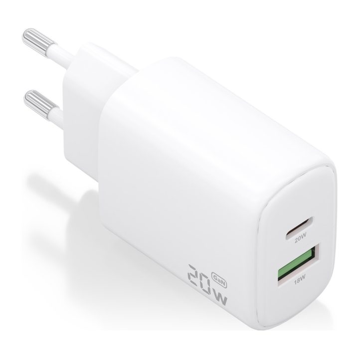 AISENS GaN 20W Charger, 1xUSB-C PD3.0, 1xUSB-A QC3.0, White