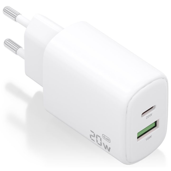 AISENS Cargador GaN 20W, 1xUSB-C PD3.0, 1xUSB-A QC3.0, Blanco