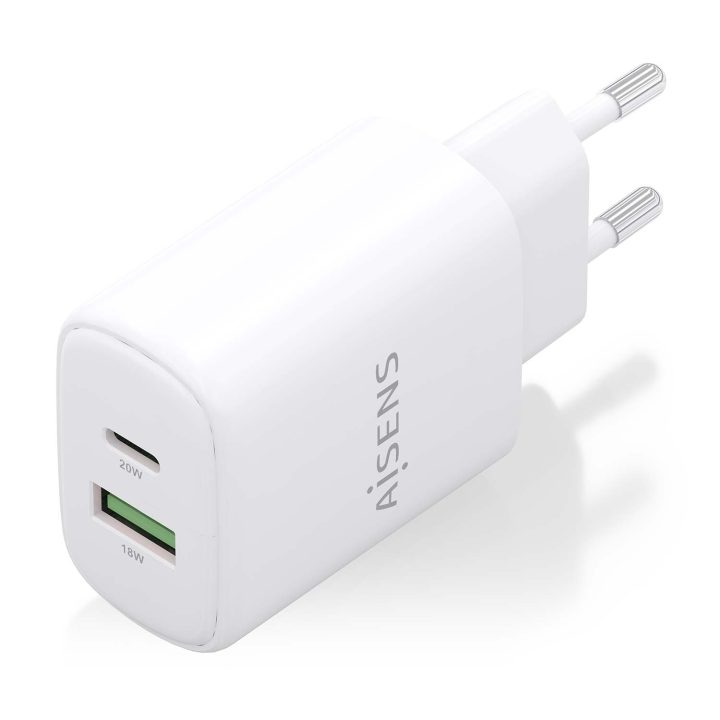 AISENS GaN 20W Charger, 1xUSB-C PD3.0, 1xUSB-A QC3.0, White