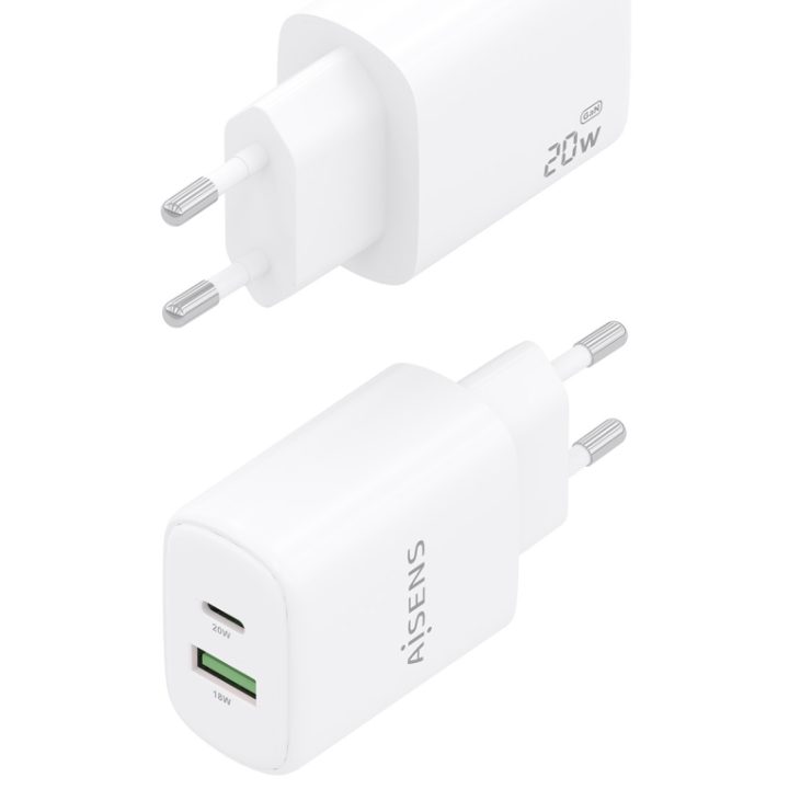 AISENS Carregador GaN 20W, 1xUSB-C PD3.0, 1xUSB-A QC3.0, Branco