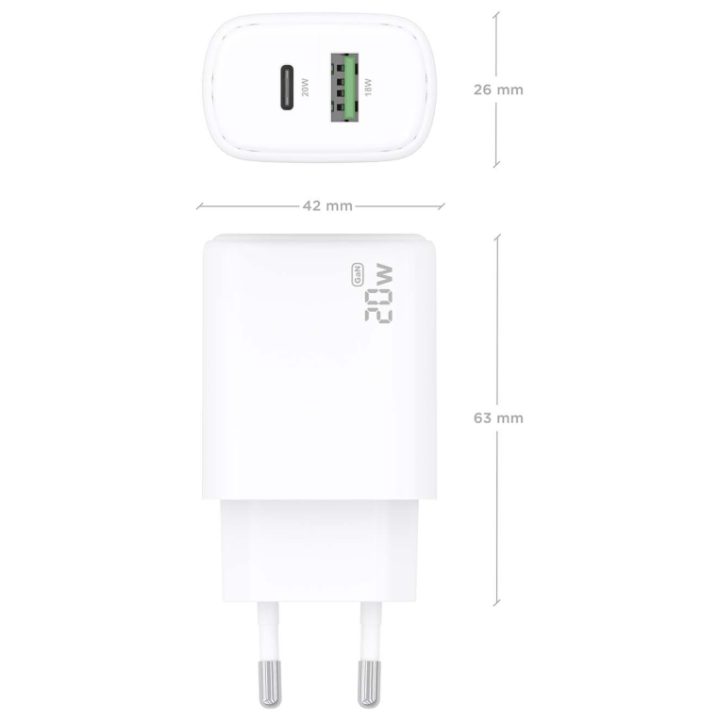 AISENS GaN 20W Charger, 1xUSB-C PD3.0, 1xUSB-A QC3.0, White