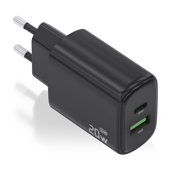 AISENS GaN 20W Charger, 1xUSB-C PD3.0, 1xUSB-A QC3.0, White
