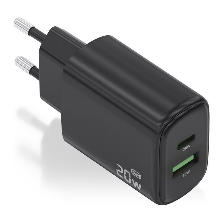 AISENS GaN 20W Charger, 1xUSB-C PD3.0, 1xUSB-A QC3.0, White