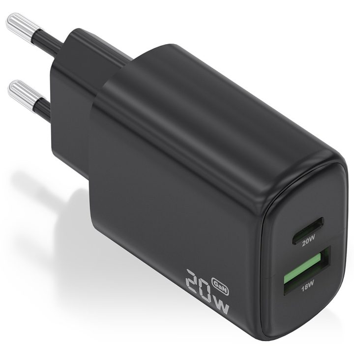 AISENS GaN 20W Charger, 1xUSB-C PD3.0, 1xUSB-A QC3.0, White