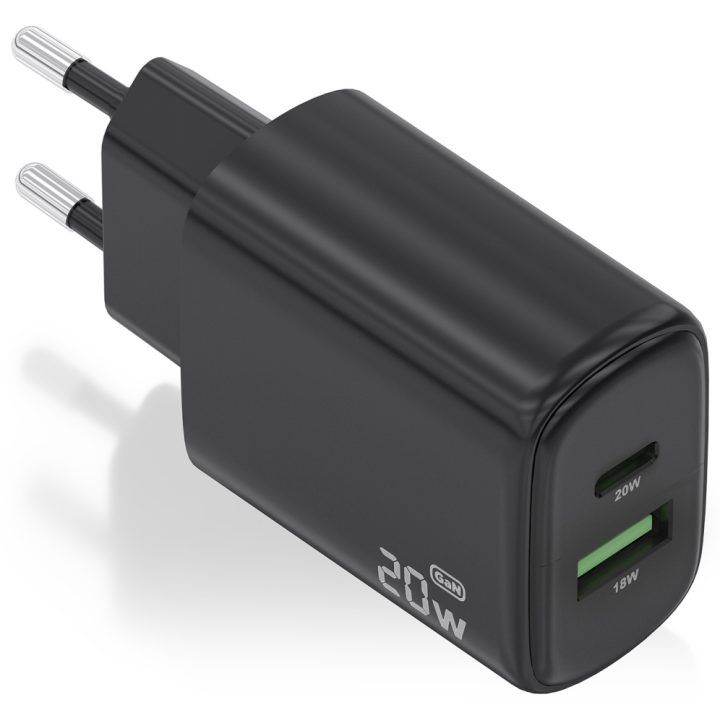 AISENS Carregador GaN 20W, 1xUSB-C PD3.0, 1xUSB-A QC3.0, Branco