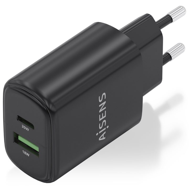 AISENS GaN 20W Charger, 1xUSB-C PD3.0, 1xUSB-A QC3.0, White