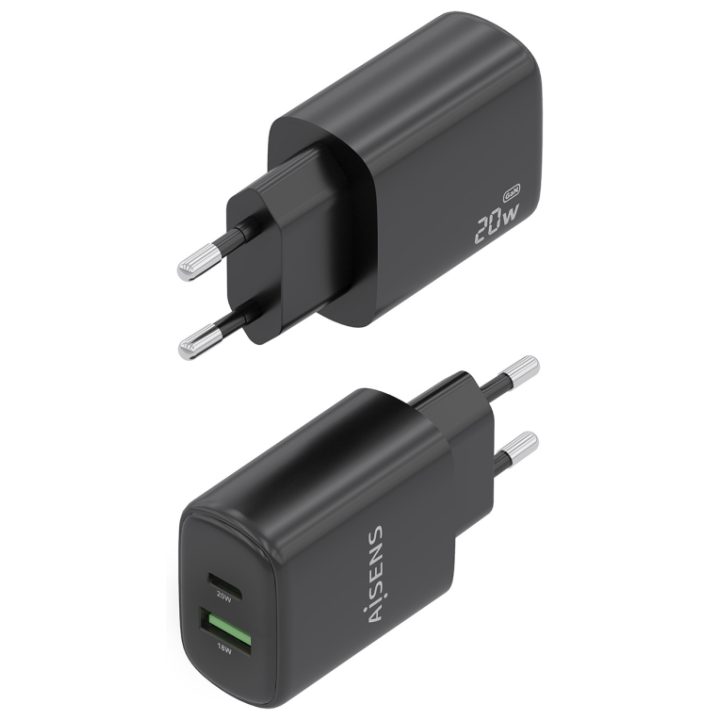 AISENS Cargador GaN 20W, 1xUSB-C PD3.0, 1xUSB-A QC3.0, Blanco