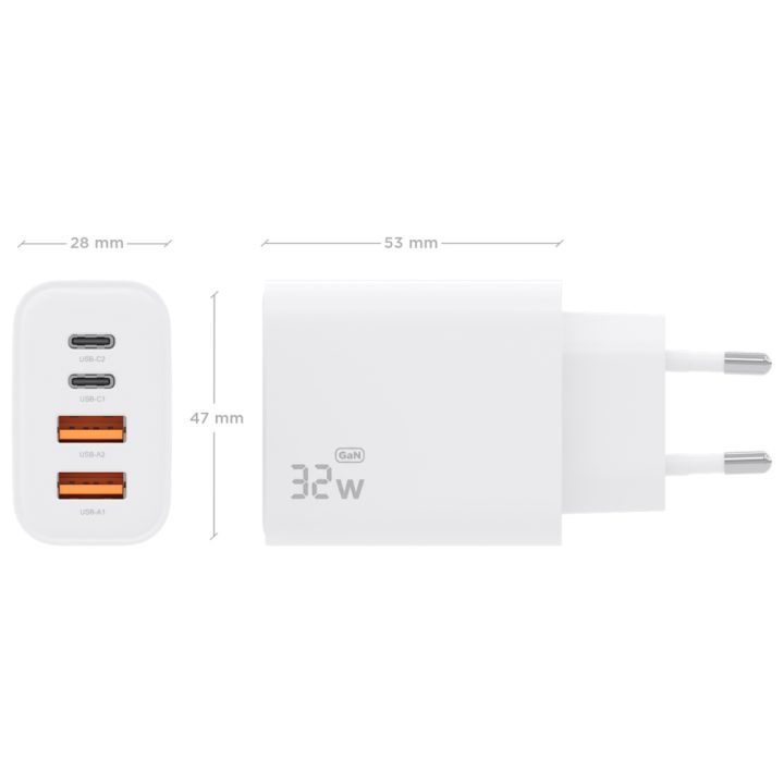 AISENS Cargador GaN 32W, 2xUSB-C PD3.0, 2xUSB-A, Blanco