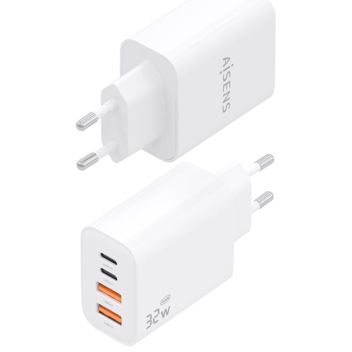 AISENS GaN Charger 32W, 2xUSB-C PD3.0, 2xUSB-A, White