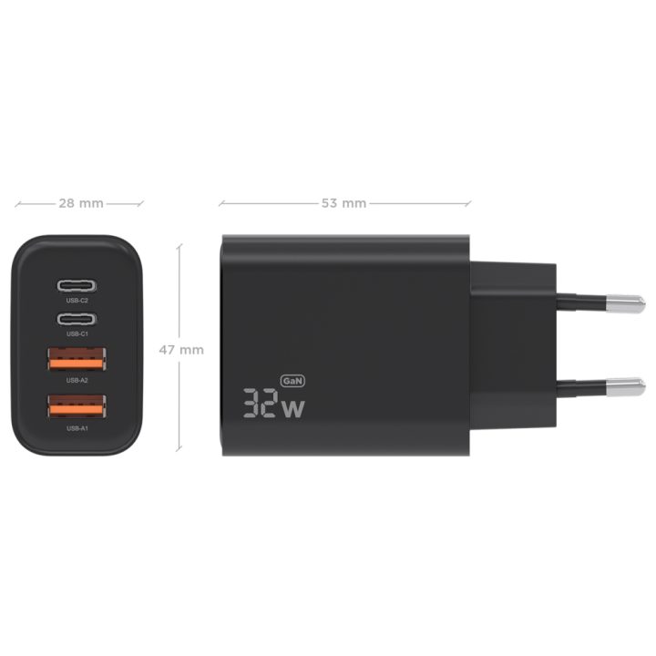 AISENS GaN Charger 32W, 2xUSB-C PD3.0, 2xUSB-A, White