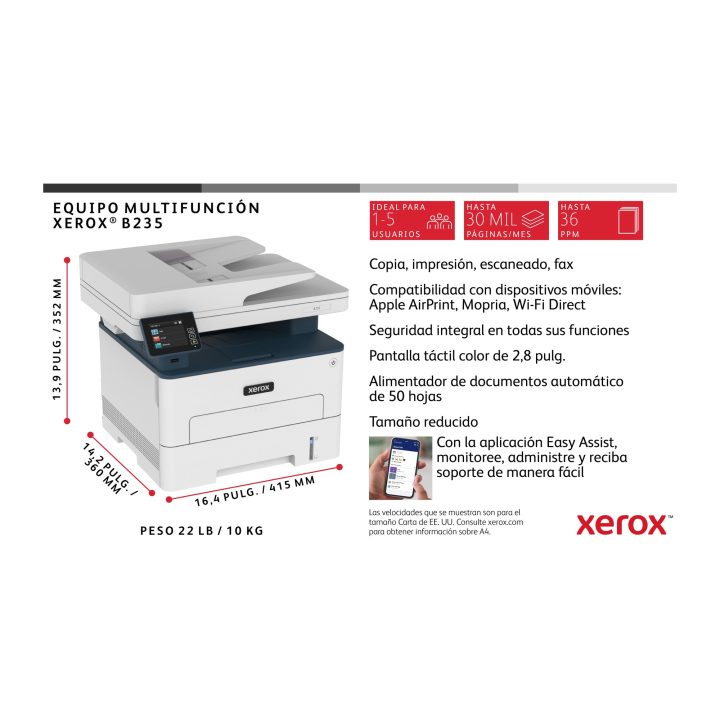 Xerox B235 A4 34 ppm Wireless Copy/Print/Scan/Fax PS3 PCL5e/6 ADF 2…